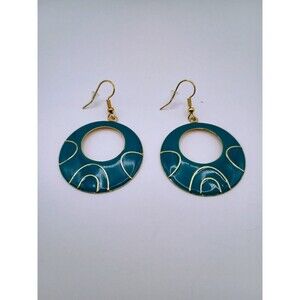 Teal Enamel Gold Tone Round Dangle Earrings Native/Boho